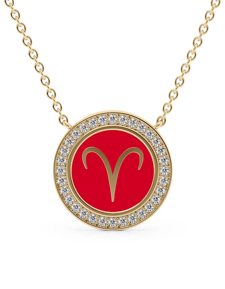 14k Yellow Gold Red Aries Disk Pendant