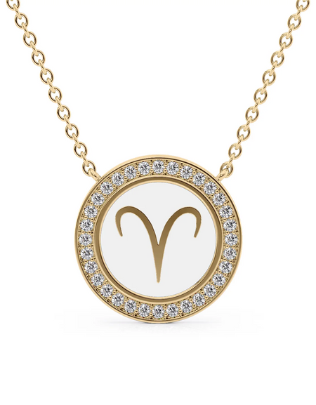 14k Yellow Gold White Aries Disk Pendant