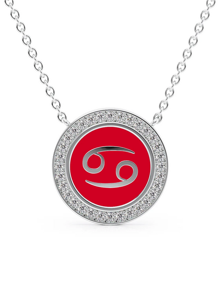 14k White Gold Red Cancer Disk Pendant