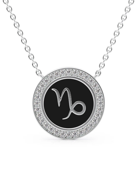 14k White Gold Black Capricorn Disk Pendant