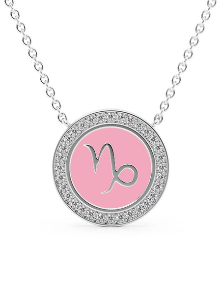 14k White Gold Pink Capricorn Disk Pendant