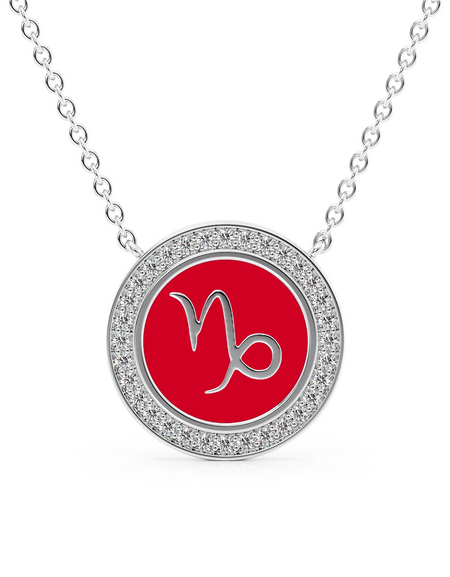 14k White Gold Red Capricorn Disk Pendant