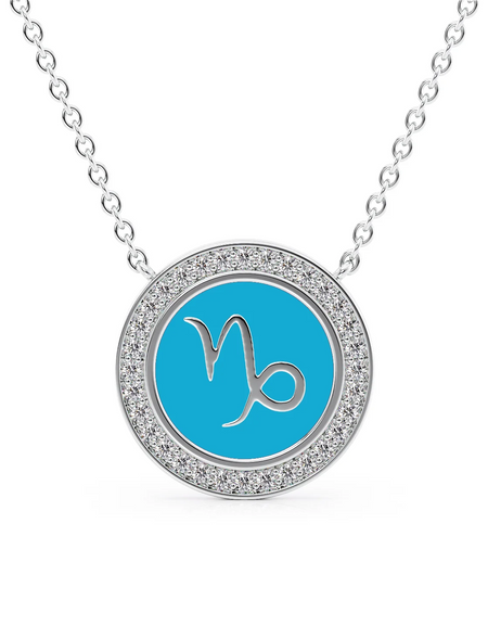 14k White Gold Turquoise Capricorn Disk Pendant
