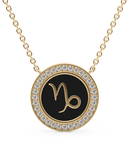 14k Yellow Gold Black Capricorn Disk Pendant