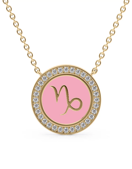 14k Yellow Gold Pink Capricorn Disk Pendant