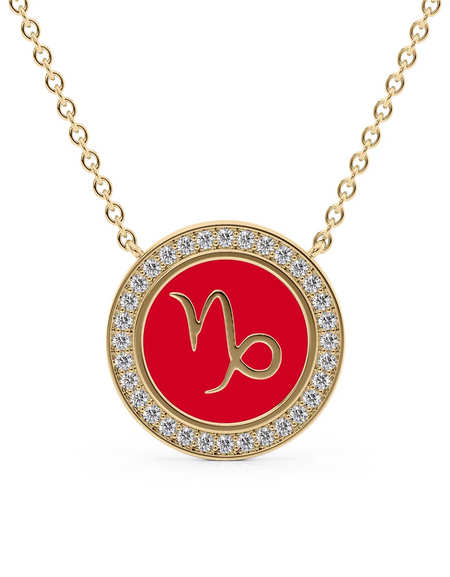 14k Yellow Gold Red Capricorn Disk Pendant