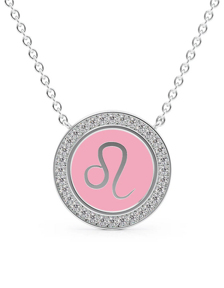 14k White Gold Pink Leo Disk Pendant