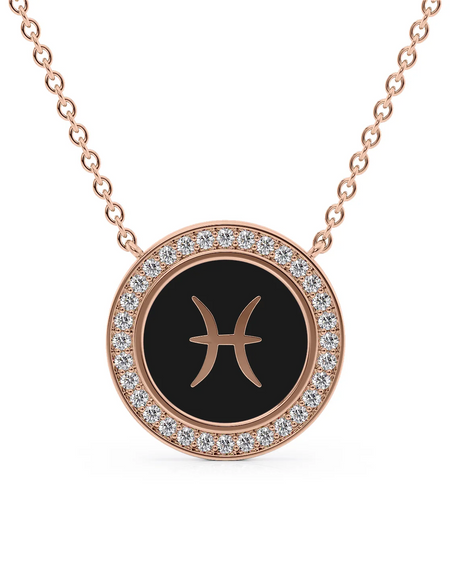 14k Rose Gold Black Pisces Disk Pendant
