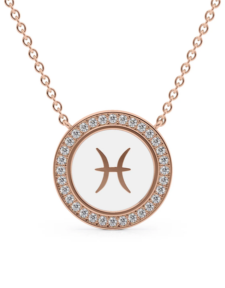 14k Rose Gold White Pisces Disk Pendant