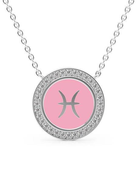 14k White Gold Pink Pisces Disk Pendant