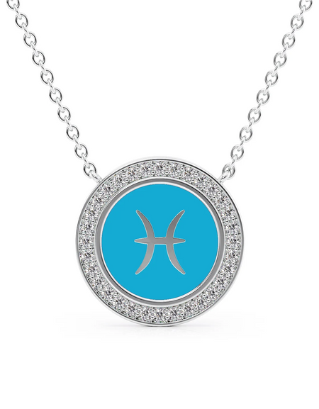 14k White Gold Turquoise Pisces Disk Pendant