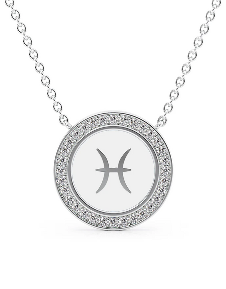 14k White Gold White Pisces Disk Pendant