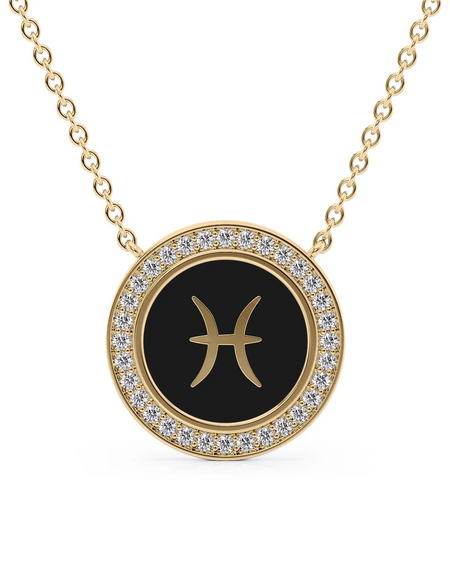 14k Yellow Gold Black Pisces Disk Pendant