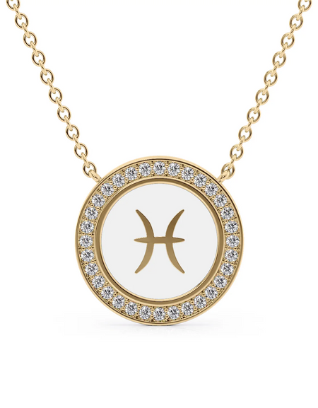 14k Yellow Gold White Pisces Disk Pendant