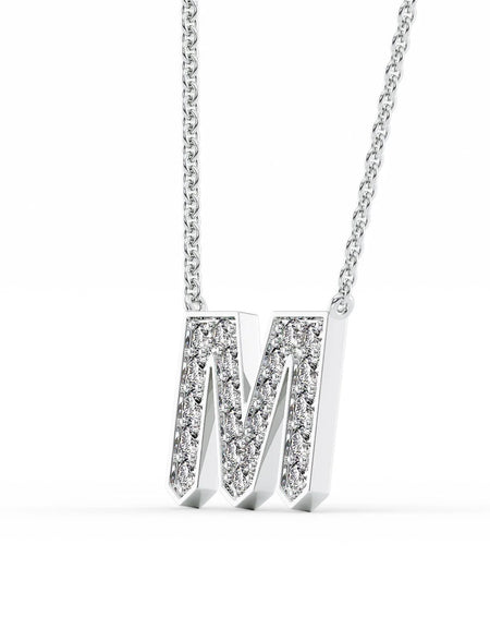 14k White Gold M Initial Diamond Pendant