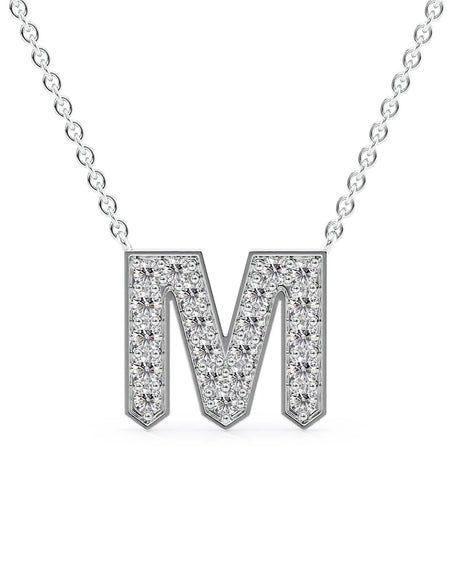 14k White Gold M Initial Diamond Pendant