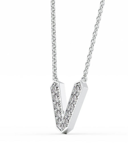 14k White Gold V Initial Diamond Pendant