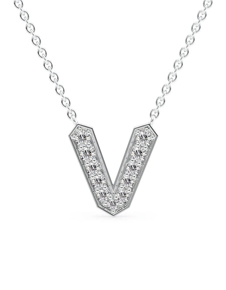 14k White Gold V Initial Diamond Pendant