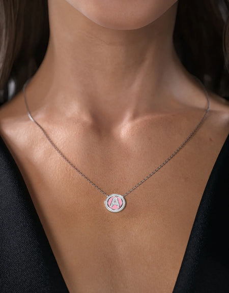 14K White Gold Black A Initial Diamond Disk Pendant