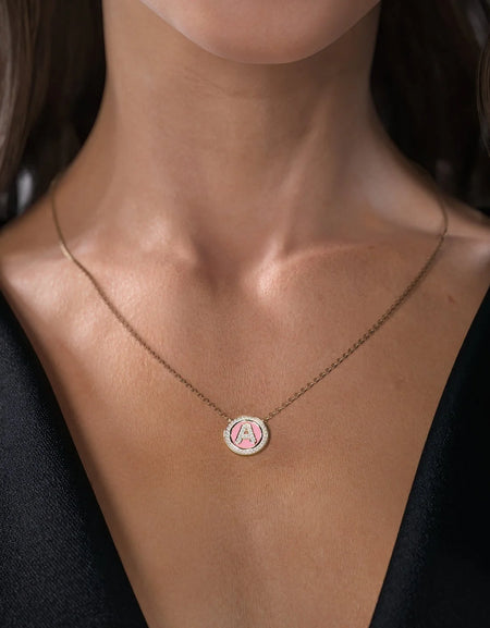 14K Yellow Gold Blue F Initial Diamond Disk Pendant