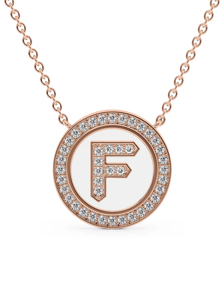14K Rose Gold White F Initial Diamond Disk Pendant