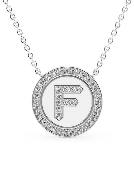 14K White Gold White F Initial Diamond Disk Pendant