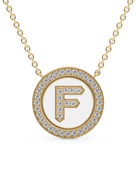 14K Yellow Gold White F Initial Diamond Disk Pendant
