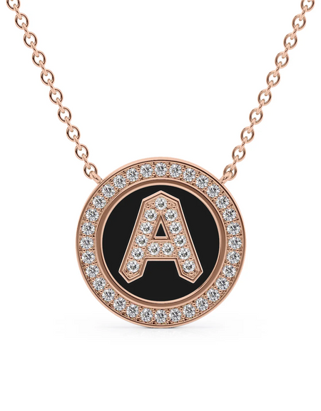 14K Rose Gold Black A Initial Diamond Disk Pendant