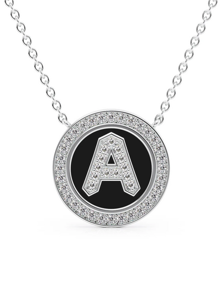 14K White Gold Black A Initial Diamond Disk Pendant