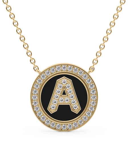 14K Yellow Gold Black A Initial Diamond Disk Pendant