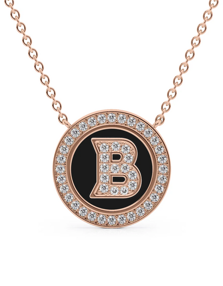 14K Rose Gold Black B Initial Diamond Disk Pendant