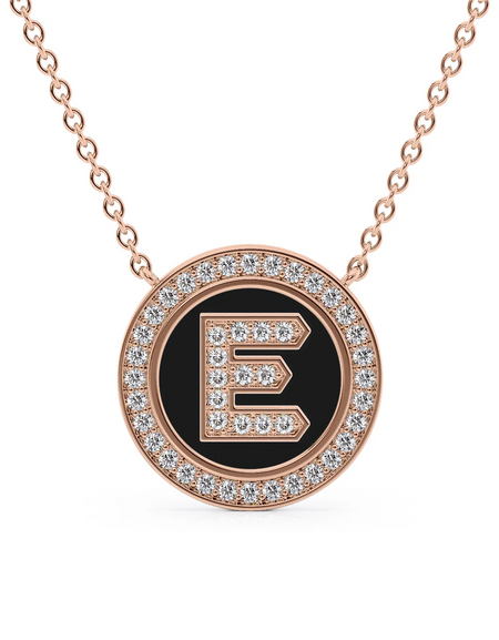 14K Rose Gold Black E Initial Diamond Disk Pendant