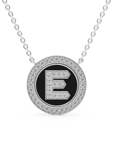 14K White Gold Black E Initial Diamond Disk Pendant