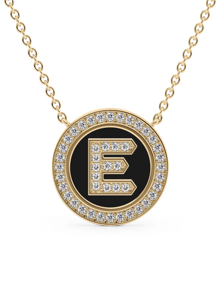 14K Yellow Gold Black E Initial Diamond Disk Pendant