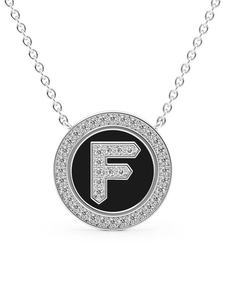 14K White Gold Black F Initial Diamond Disk Pendant
