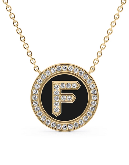 14K Yellow Gold Black F Initial Diamond Disk Pendant