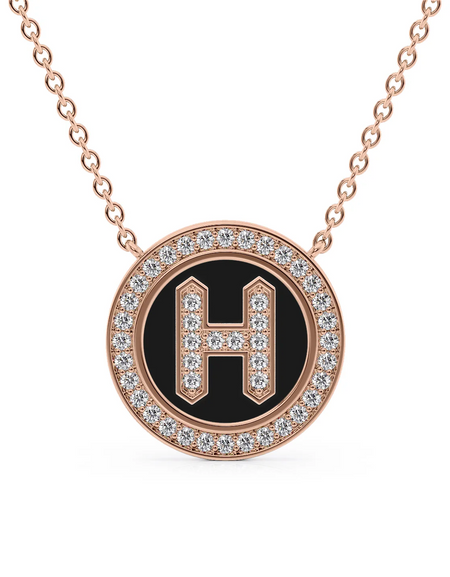 14K Rose Gold Black H Initial Diamond Disk Pendant
