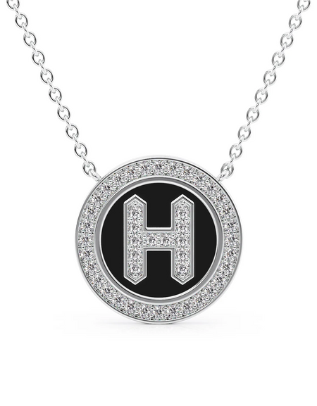 14K White Gold Black H Initial Diamond Disk Pendant