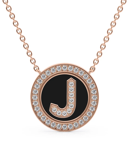 14K Rose Gold Black J Initial Diamond Disk Pendant