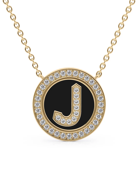 14K Yellow Gold Black J Initial Diamond Disk Pendant