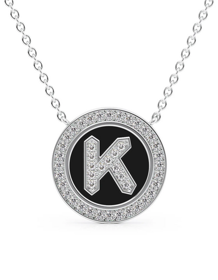 14K White Gold Black K Initial Diamond Disk Pendant