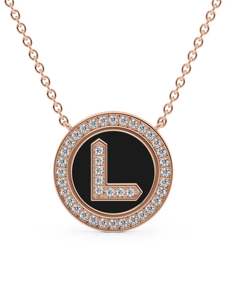 14K Rose Gold Black L Initial Diamond Disk Pendant