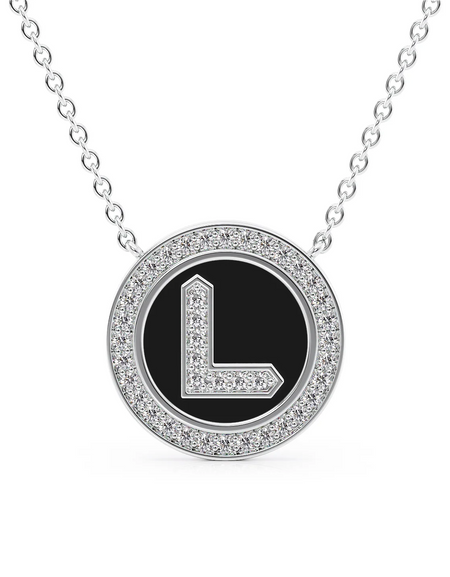 14K White Gold Black L Initial Diamond Disk Pendant