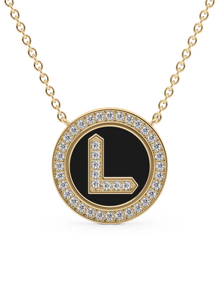 14K Yellow Gold Black L Initial Diamond Disk Pendant