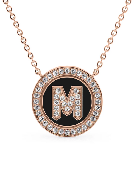 14K Rose Gold Black M Initial Diamond Disk Pendant