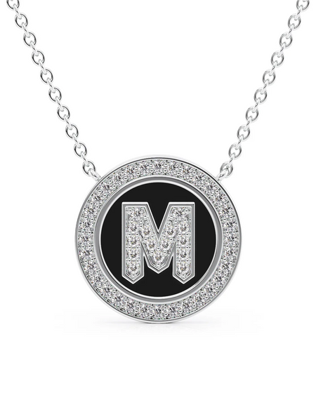 14K White Gold Black M Initial Diamond Disk Pendant