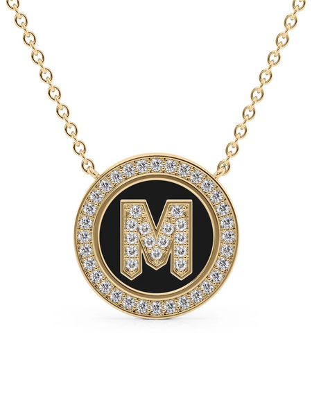 14K Yellow Gold Black M Initial Diamond Disk Pendant