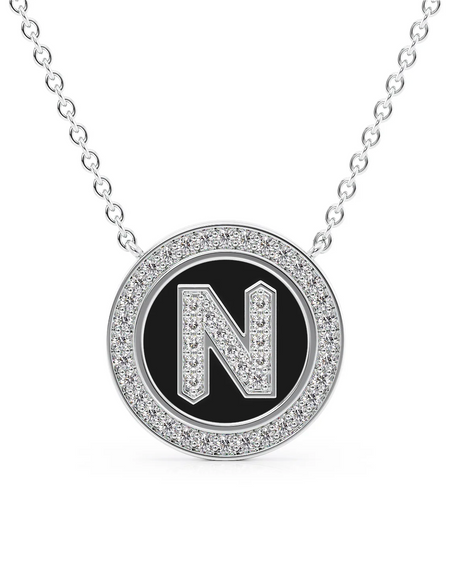 14K White Gold Black N Initial Diamond Disk Pendant
