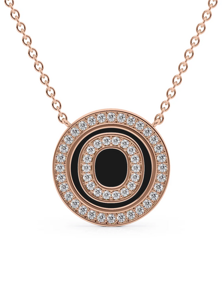14K Rose Gold Black O Initial Diamond Disk Pendant