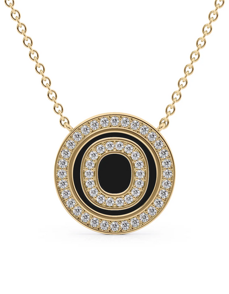 14K Yellow Gold Black O Initial Diamond Disk Pendant
